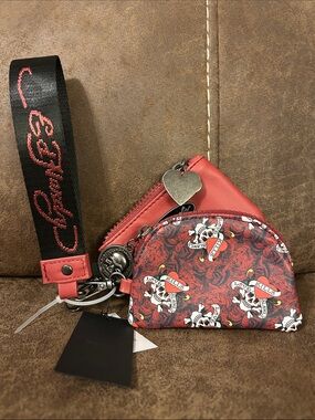 Ed Hardy Red Skull Print Wristlet Clutch with Black Strap